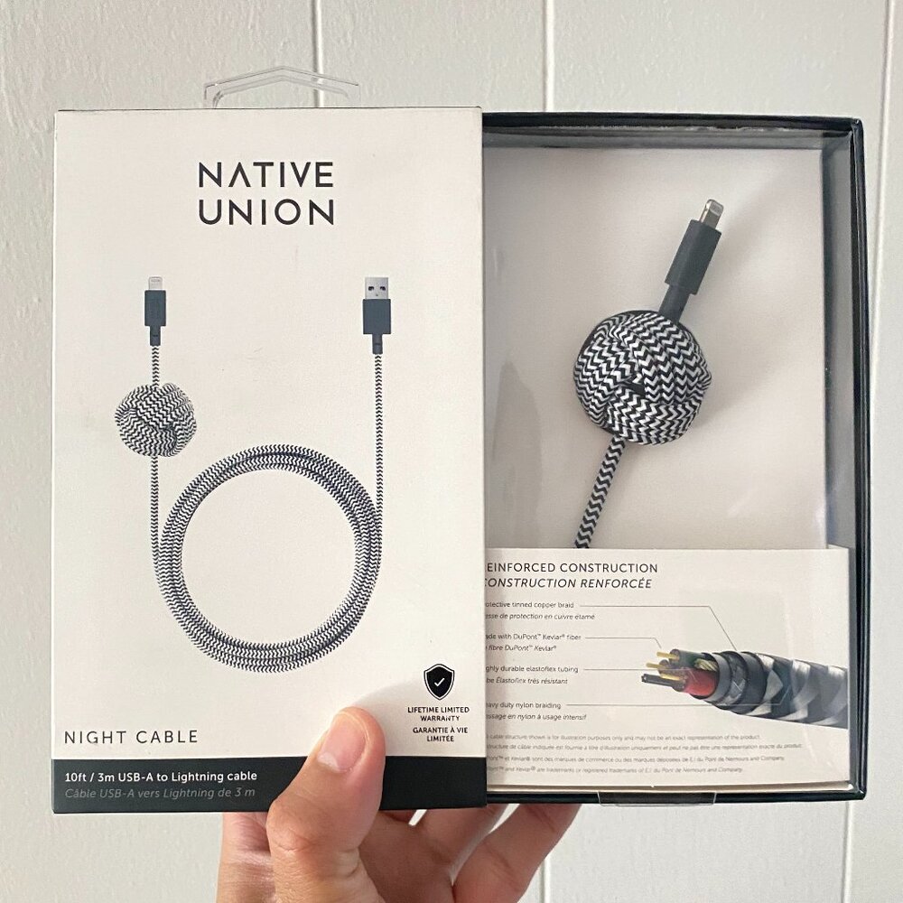 Native Union Night Cable USB-A Cable 10ft Zebra for iPhone iPad Reinforced Cable